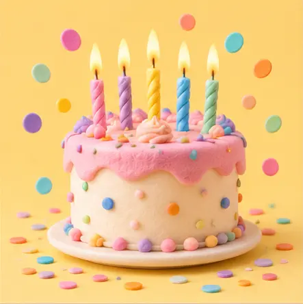 Pastel birthday cake with candles and confetti