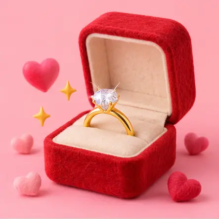 Sparkling engagement ring in a red velvet box