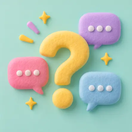 Playful pastel question mark and chat bubbles